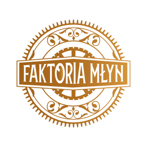 Faktoria Młyn_Złote logo białe tlo
